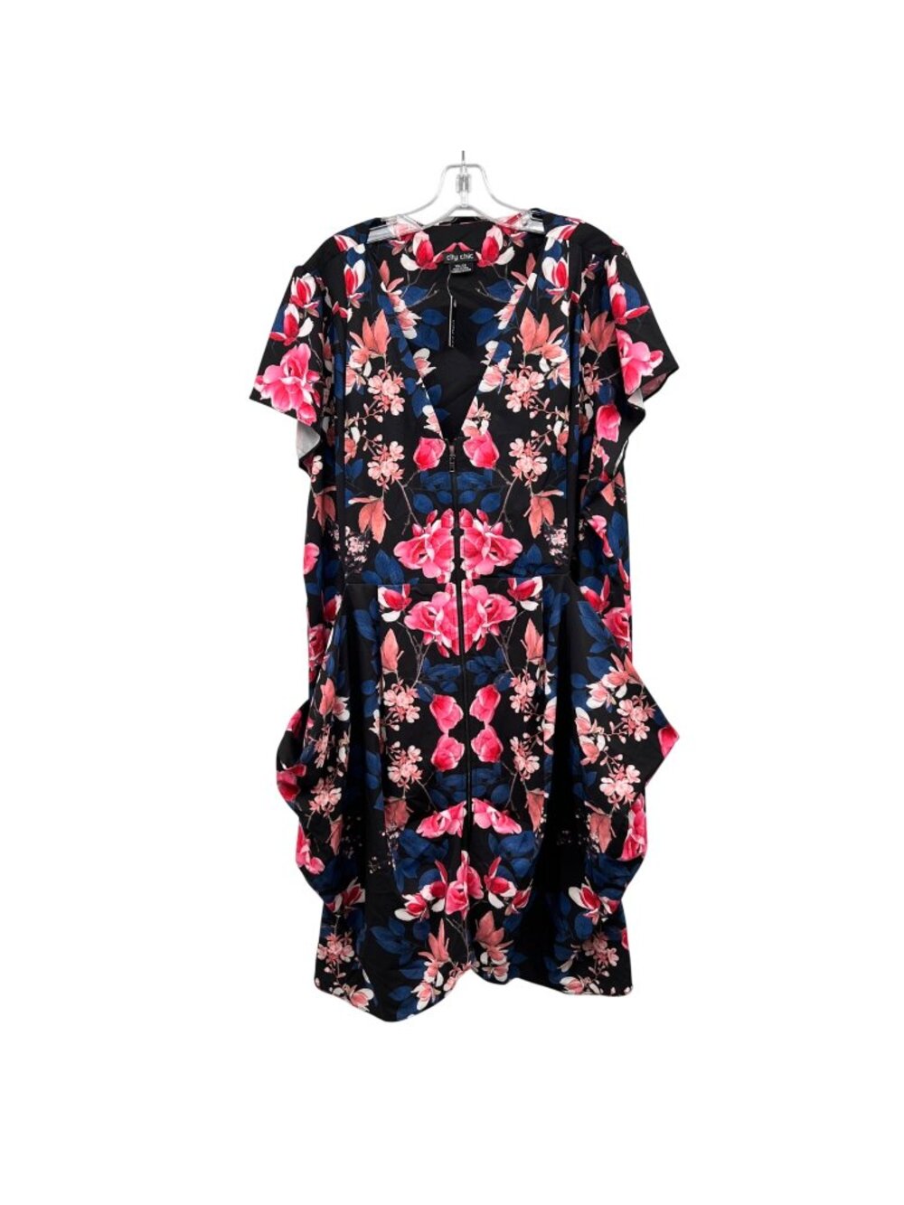 City Chic Floral Tunic Dress Short Sleeve Zipper Oversized Drape Pockets XXL New